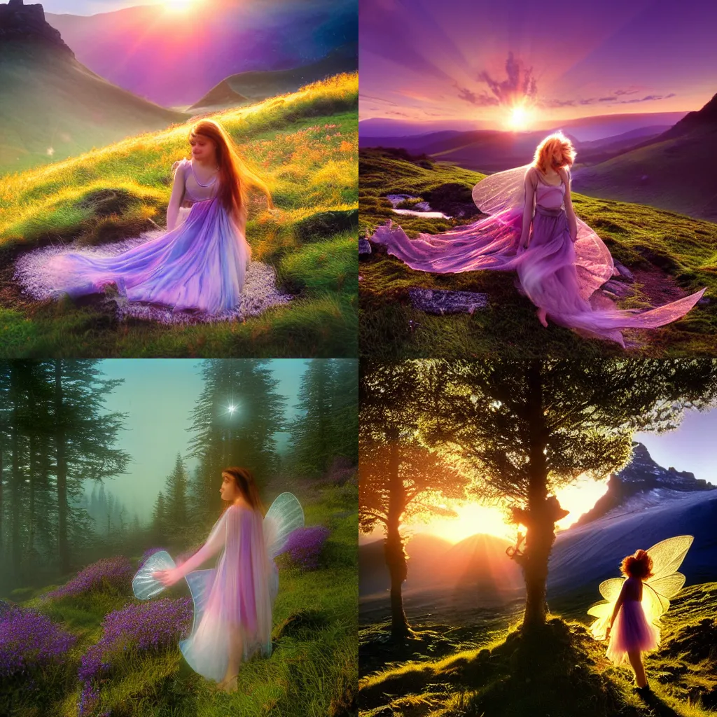 Prompt: lovely and mystical nature fairy in a beautiful alpine high moorland landscape, Fai, sunrise, Provia, Velvia, Fujiifilm Superia