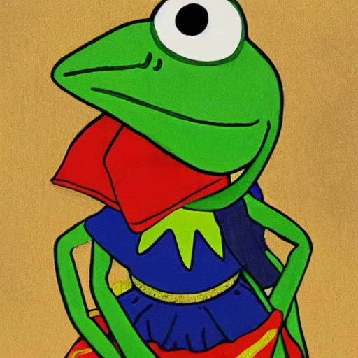 Image similar to kermit the frog, artwork by kitano tsunetomi