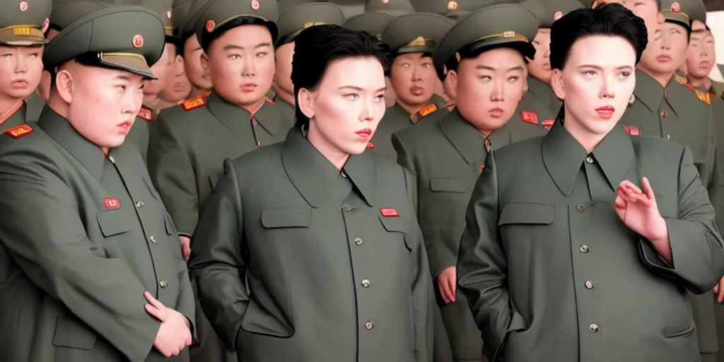 Prompt: Scarlett Johansson as Kim Jong-un in 'Kim' (2022), movie still frame, oscar nominated cinematography, volumetric lighting, 8k resolution, beautiful composition