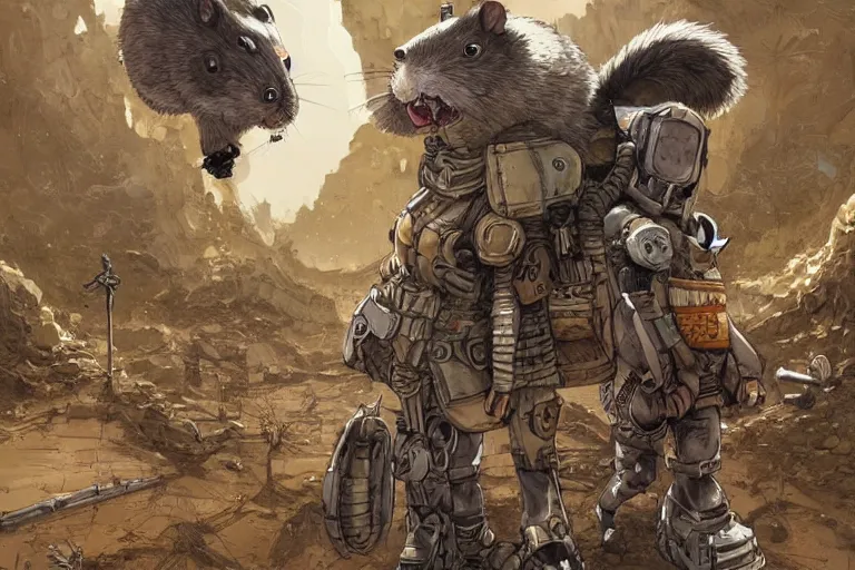 Image similar to anthropomorphic rodent with white and black ancestral ornate japanese tactical gear on an abandonment desert planet, high intricate details, long shot, rule of thirds, golden ratio, graphic novel by fiona staples and dustin nguyen, by beaststars and orange, peter elson, alan bean, studio ghibli, makoto shinkai