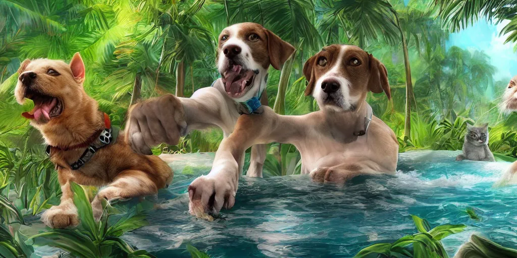 Image similar to cat and dog taking selfie in a swimming pool in the middle of the jungle, highly detailed, digital painting, artstation, concept art