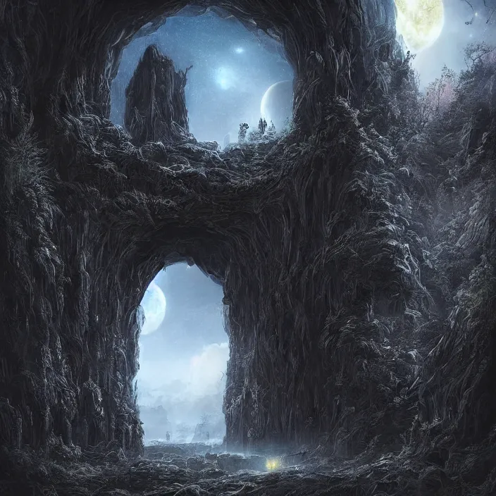 Prompt: gazing through a dark etherial stone archway to the void, pitch black night sky, quiet and serene atmosphere, intricate high detail matte painting masterpiece