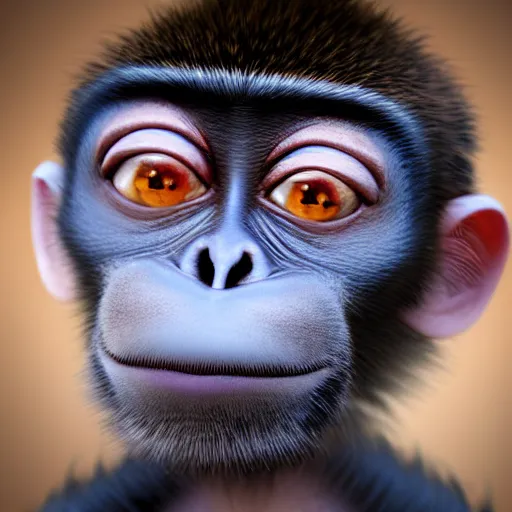 Image similar to very cute ninja monkey, portrait, pixar style, forest background, cinematic lighting, award winning creature portrait photography