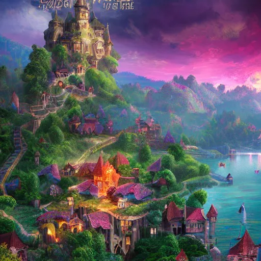 Prompt: A magical fantasy royal castle town that sits on a magnificent floating island in the middle of a vibrant floral valley with forests and lakes, sunset scenery, trending on artstation, award winning digital art