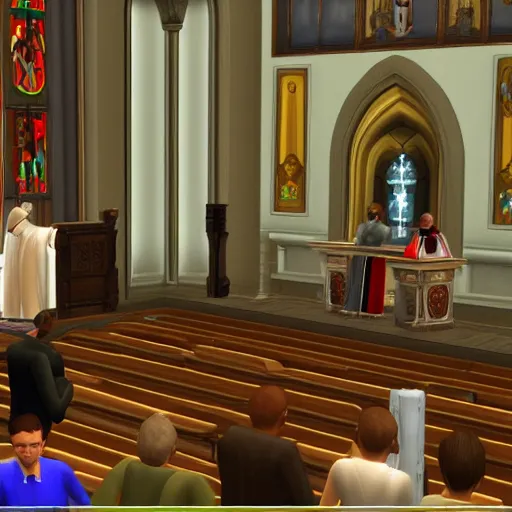 Prompt: Pope playing the sims 2 in the church while a preacher is yelling amen