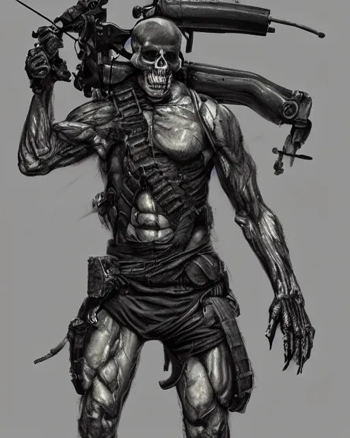 Image similar to rambo exposed to radiation and became skeleton, full body, concept art, high detailed, fine art, trending on artstation, smooth draw, sharp focus.