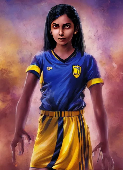 Image similar to An epic fantasy comic book style portrait painting of a very very beautiful young Indian woman, very expressive, dark piercing eyes, tomboy, mischievous, smirk, round face, very dark Nilotic tan skin, futuristic short black hair style, wearing a blue and yellow soccer uniform, arms crossed, unreal 5, DAZ, hyperrealistic, octane render, cosplay, RPG portrait, dynamic lighting