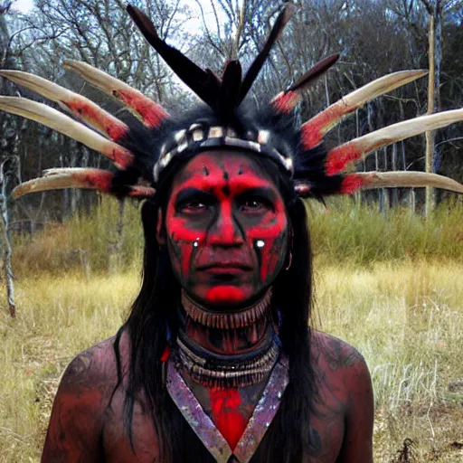 Image similar to native warrior wearing demon warpaint, black feathr head wear, award winning photograph