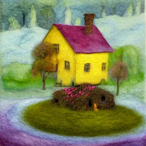 Prompt: small wooden house in the middle of spring forest, bright colours, watercolor, volumetric wool felting, macro photography, children illustration, by michael sowa