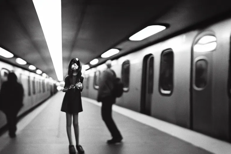 Image similar to girl in augmented reality headset in a subway, richard avedon, tri - x pan, ominous lighting