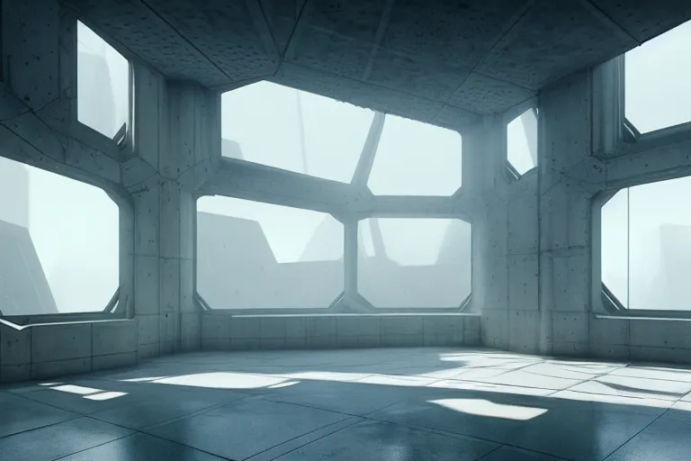 Prompt: hyper realistic interior photo of a white concrete brutalist megastructure with huge windows and skylights, volumetric light rays, style of simon stalenhag and alphonse mucha, cinematic and blue cold atmospheric, archillect concept art, trending on artstation, epic matte painting by weta digital, cgisociety