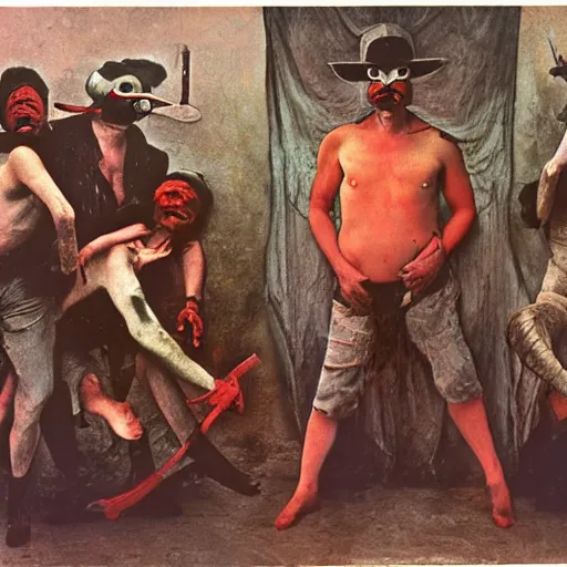 Image similar to 1 9 9 3 disposable camera color photo of a modern gang of plague doctors in the style of jan saudek, annie liebovitz, pieter bruegel the elder, joel peter witkin, gustave dore, heironymus bosch