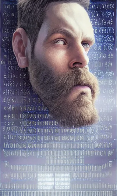 Prompt: cinematic dramatic movie poster of a short beard hypnotist, made of binary numbers and programming code, by peter gric, very artistic, artstation