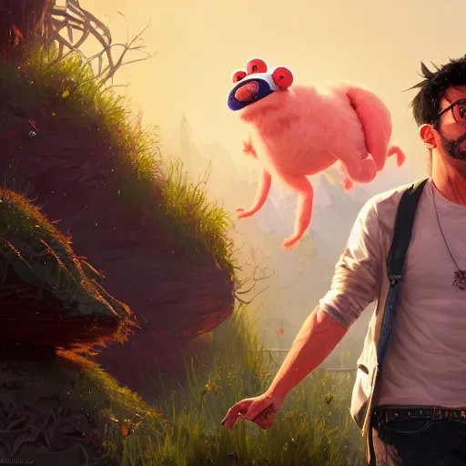 Image similar to highly detailed portrait of markiplier as muppet in gta v, stephen bliss, unreal engine, fantasy art by greg rutkowski, loish, rhads, ferdinand knab, makoto shinkai and lois van baarle, ilya kuvshinov, rossdraws, tom bagshaw, global illumination, radiant light, detailed and intricate environment