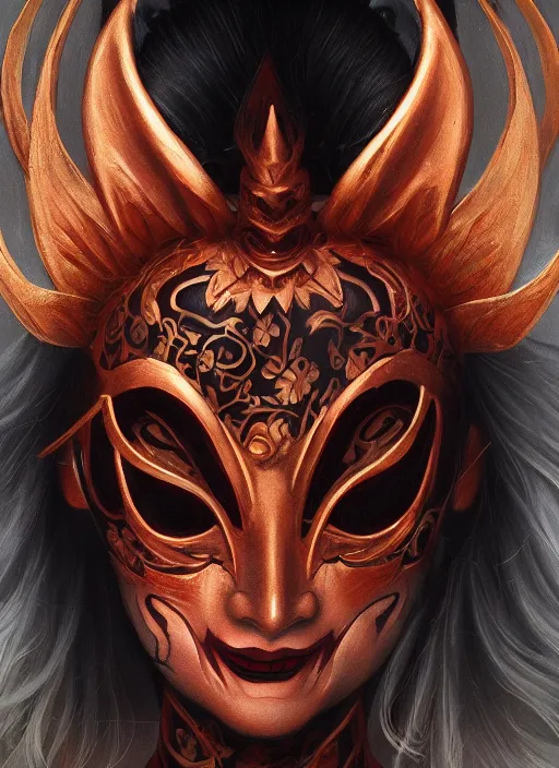 Prompt: a beautiful detailed oil on copper art illustration of a japanese hyottoko mask devil woman, centered, by charlie bowater, zeng fanzh, trending on artstation, dim dusk lighting, cinematic lighting, detailed lighting, volumetric lighting, realistic, f 8, 4 k hd wallpaper