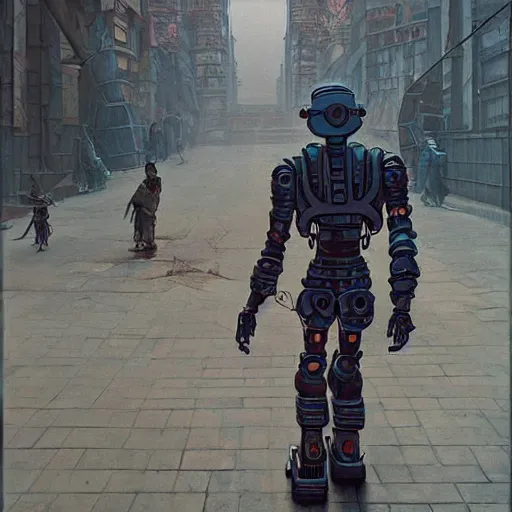 Prompt: mayan cyberpunk robot striding through streets of city, perfectly clear face, shadow of the colossus screenshot by j. c. leyendecker, simon stalenhag, studio ghibli, and beksinski