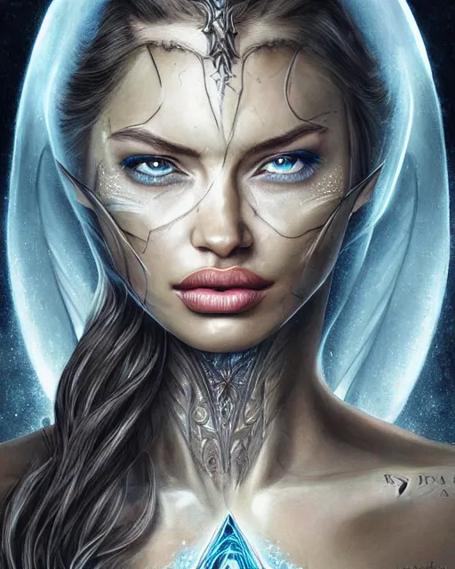 Image similar to face-centred portrait Adriana Lima as Galadriel, body covered in elfish tattoos , open magic book glowing, D&D, fantasy, highly detailed, digital art, fantasy illustration, trending on artstation, smooth, sharp focus, illustration, art by artgem and ROBERT HYNES