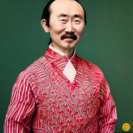 Prompt: realistic contamporary art photography by araki nobuyoshi of wearing ( traditional - ukrainian shirt ) designed by taras shevchenko. smiling kim chen in