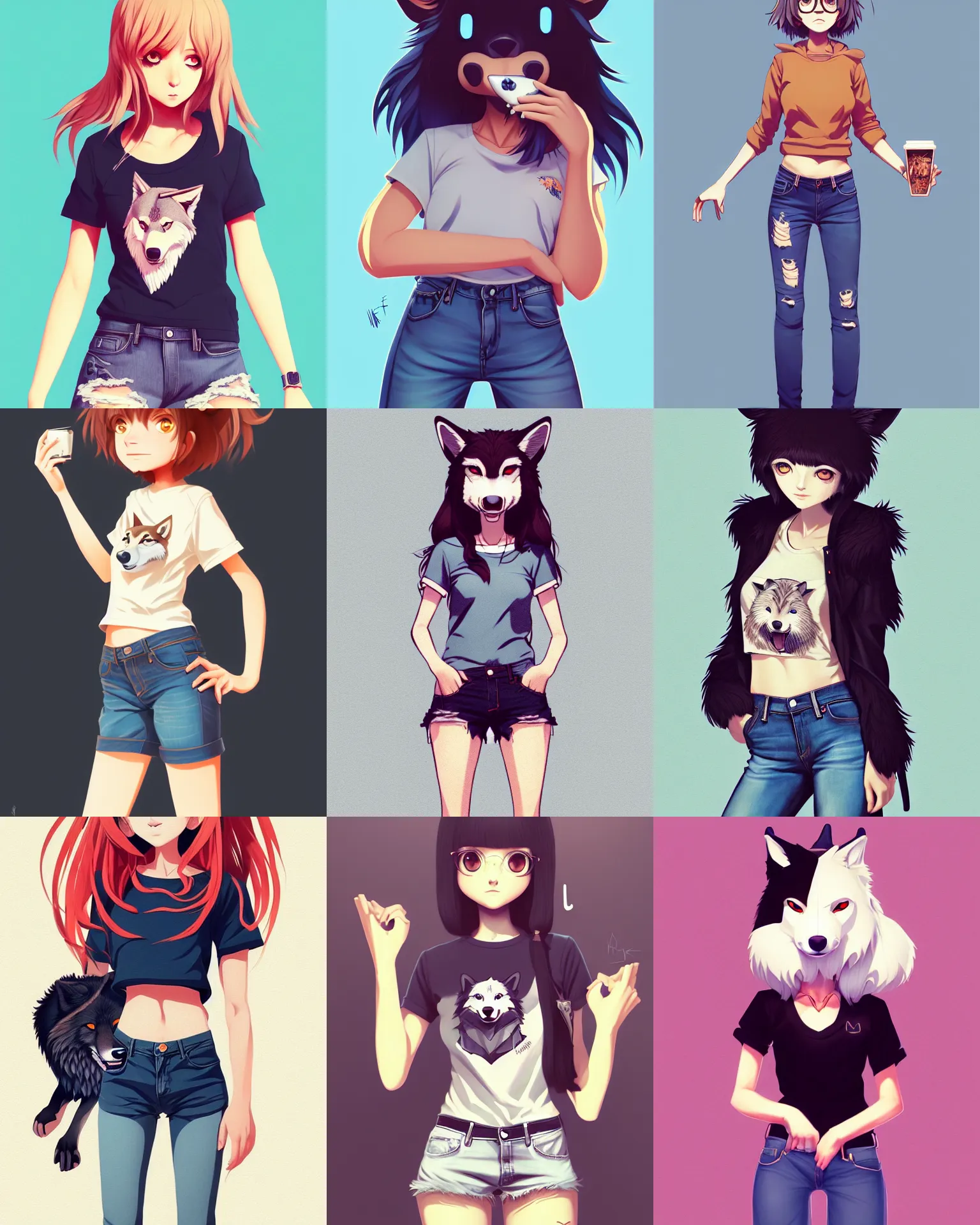 Prompt: fullbody portrait of anthropomorphic halfwolf woman with wolf nose wearing summer jeans shorts and tshirt : symmetrical, furry art, anime art, concept art, detailed attractive face by ilya kuvshinov, trending on artstation