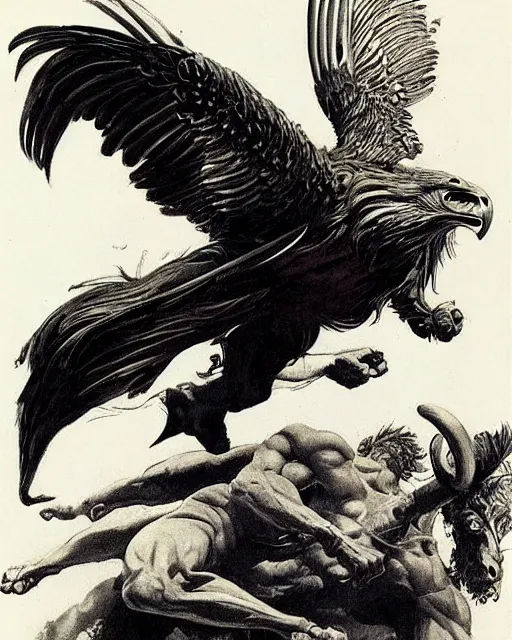 Image similar to human / eagle / lion / ox hybrid with two horns, one big beak, mane, human body. drawn by frank frazetta