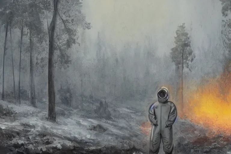 Prompt: ryan church jon mccoy concept art mood painting man wearing grey hazmat suit gp - 5 gas mask sitting against concreate wall snow covered field watching the beautiful winter sunrise burning ruins in background forest