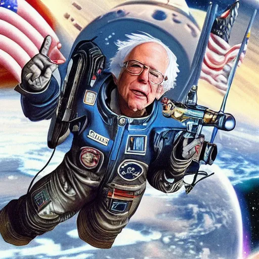 Image similar to Bernie Sanders riding a mechsuit in outer space with a plasma rifle