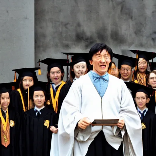 Prompt: Jackie Chan as Dumbledore giving a speech to the students