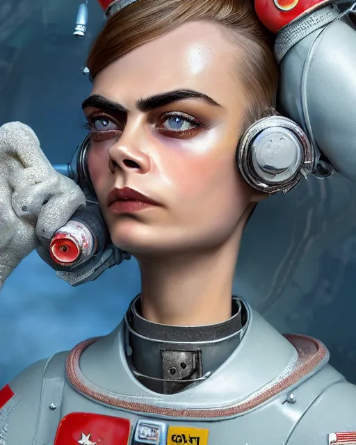 Image similar to closeup face profile portrait of cara delevingne as a soviet chernobyl space toy, bikini, depth of field, zeiss lens, detailed and intricate environment, fashion photoshoot by nicoletta ceccoli, mark ryden, lostfish, breathtaking, 8 k resolution, artistic, hyperrealistic, octane render