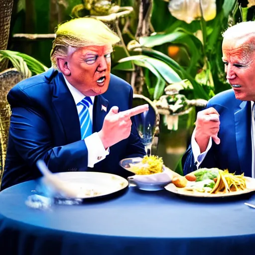 Image similar to Trump and Biden having dinner at a fancy Balinese restaurant, award winning photography, 85mm, perfect faces