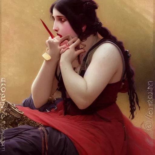 Image similar to goth girl opening her mouth full of sharp bloodstained teeth, intricate, art by artgerm and greg rutkowski and alphonse mucha and william - adolphe bouguereau, high detailed, 4 k,