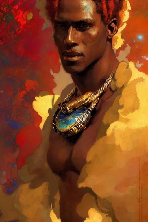 Image similar to character design, colorful, afrofuturism, painting by gaston bussiere, craig mullins, j. c. leyendecker, tom of finland