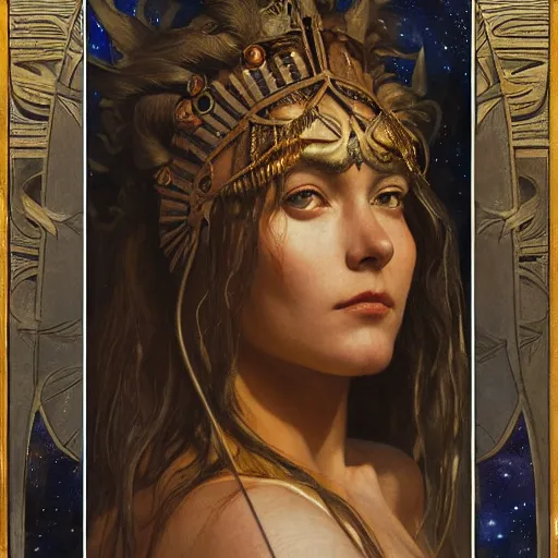 Image similar to queen of the moon with stars in her hair, by annie swynnerton and tino rodriguez and donato giancola and nicholas roerich and jean delville and diego rivera and charlie bowater, dramatic lighting, god rays, geometric tattoos, rich colors, smooth sharp focus, extremely detailed, adolf wolfli