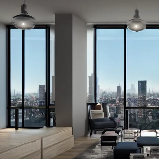 Image similar to high rise modern apartment interior artistic realistic minimalistic sharp focus futuristic tall windows