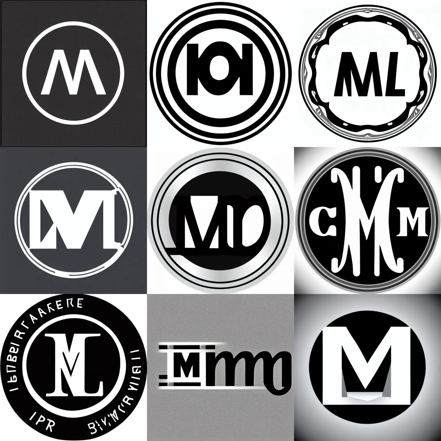 Prompt: a vector logo with a silver circle, using the letters m and l. black background