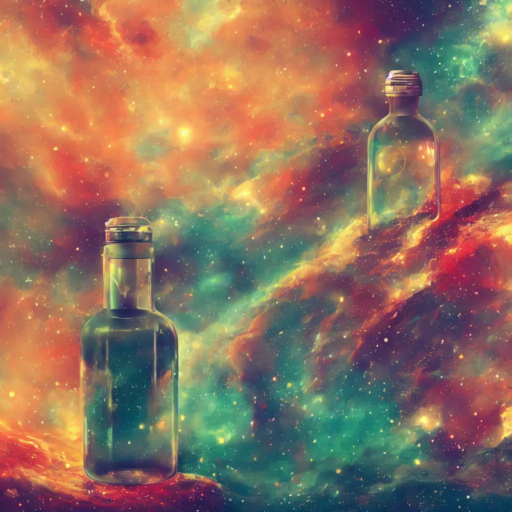 Image similar to the universe contained within a bottle, in a style of artstation