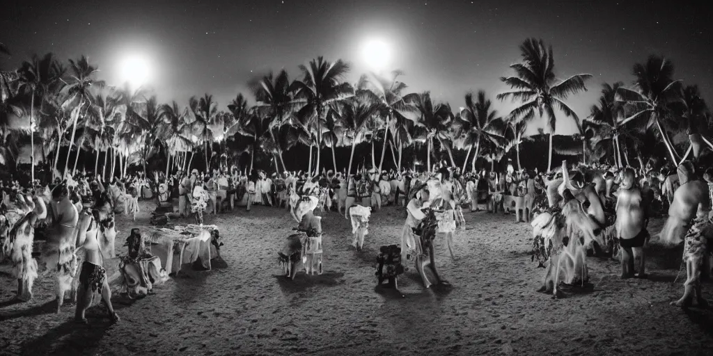 Prompt: Haunted Hawaiian Luau, crowded with ghosts on a moon lit beach