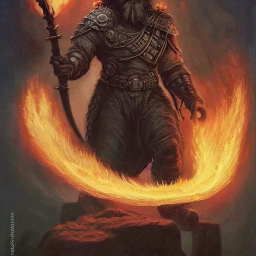 Image similar to head and shoulders portrait of a black helmed fire giant with a beard of fire and a giant sword, d & d, fantasy, greg rutkowski, frank frazetta, alexandre chaudret, boris vallejo, michael whelan, miro petrov, hr giger, magali villeneuve, donato giancola