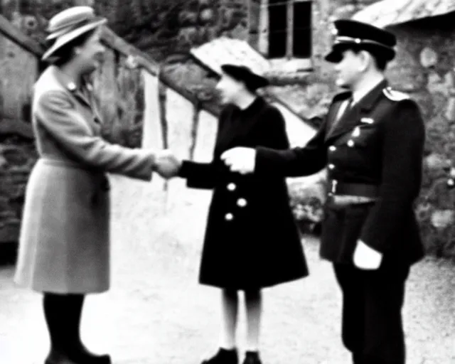 Image similar to ultra wide 1 9 4 6 blurry historical photo of a single german general shaking hands with a young queen elizabeth in a french village, her corgis are nearby highly detailed, sharp focus