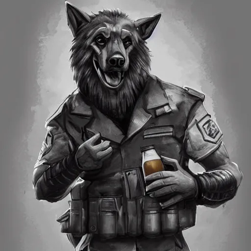 Image similar to a humanoid german shepherd beast - man in military style, holding a bottle of beer, artstation, concept art, smooth, sharp foccus ilustration, artstation