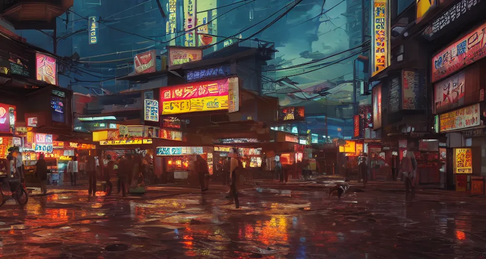 Prompt: photorealistic!! ground level front view, sunset outside a tokyo marketplace after rain, bright neon signs, very dramatic lighting, mecha unreal engine 5, marmoset toolbag, ( cyberpunk )