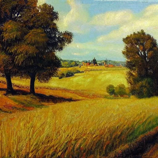 Prompt: the painting is in the style of french impressionism and the genre is landscape. the painting depicts a rural scene with a road winding through fields of tall grass. the sky is a bright blue and there are trees in the distance. the painting has a light and airy feel to it. dramatic lighting.