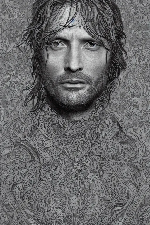 Prompt: A pre-raphaelite portrait of Mads Mikkelsen, surreal, ultradetailed, intricate, elegant, digital art painting, concept art, smooth, sharp focus, poster art, art cover illustration, regal, award winning picture, extremely detailed masterpiece, sense of awe, featured on artstation, Artgerm, effervescent punk kawaii-noir pastel bubbles, winning award piece, ethereal rainbows, Aetherpunk, low-key neon lightning, stormy weather, Exquisite details, 8K detail post-processing, matte, oil painting