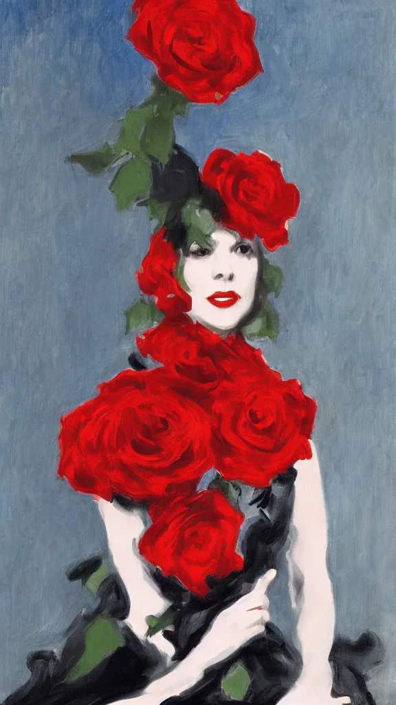 Image similar to portrait of julee cruise in lynch pattern, red roses, painted by john singer sargent