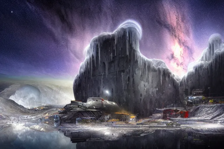 Image similar to favela spaceship cave tornado, snowy arctic environment, industrial factory, cliffs, peaks, bright, milky way, award winning art, epic dreamlike fantasy landscape, ultra realistic,