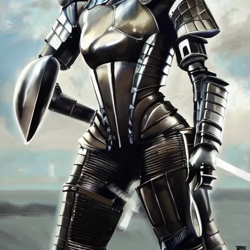 Image similar to a full bodied portrait of beautiful, disciplined, young woman in latex battle armor suit by sandra chevrier, detailed render, epic composition, cybernetics, 4 k realistic, cryengine, realistic shaded lighting, sharp focus, masterpiece, by matteo scalera, gary montalbano, peter elson in the style of the tokyo ghost comic, epic angles