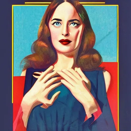 Image similar to “Dakota Johnson portrait, color vintage magazine illustration 1950”