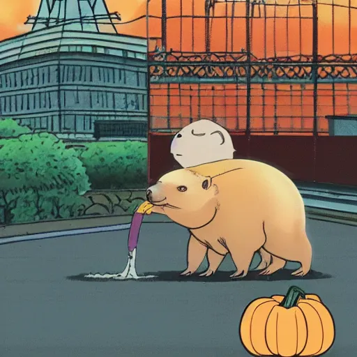 Image similar to capybara, akira style, wearing a headband, eating a pumpkin on top of the eiffel tower