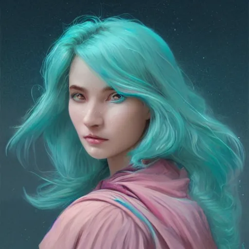 Image similar to teal haired mage bust portrait, female, glacier landscape, norway, d & d, fantasy, intricate, elegant, highly detailed, digital painting, pink and teal color palette, artstation, octane render, concept art, matte, sharp focus, illustration, herrarthstone, art by artgerm and greg rutkowski and alphonse mucha