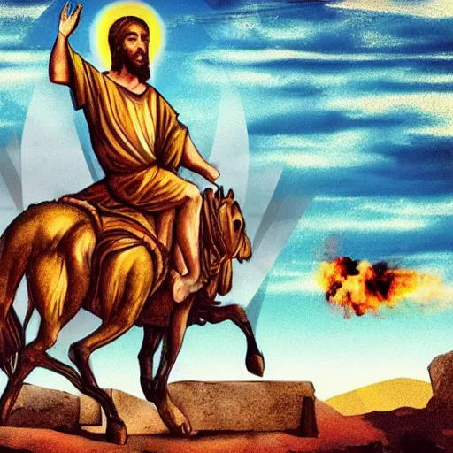 Prompt: jesus with a machine gun riding a jeep, explosions in the background