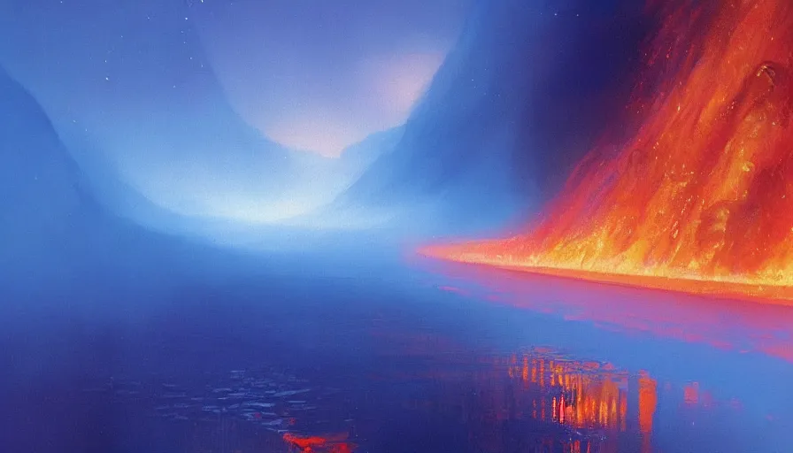 Prompt: river of blue fire, intricate detailed painting, low angle, morning, artstation, john harris